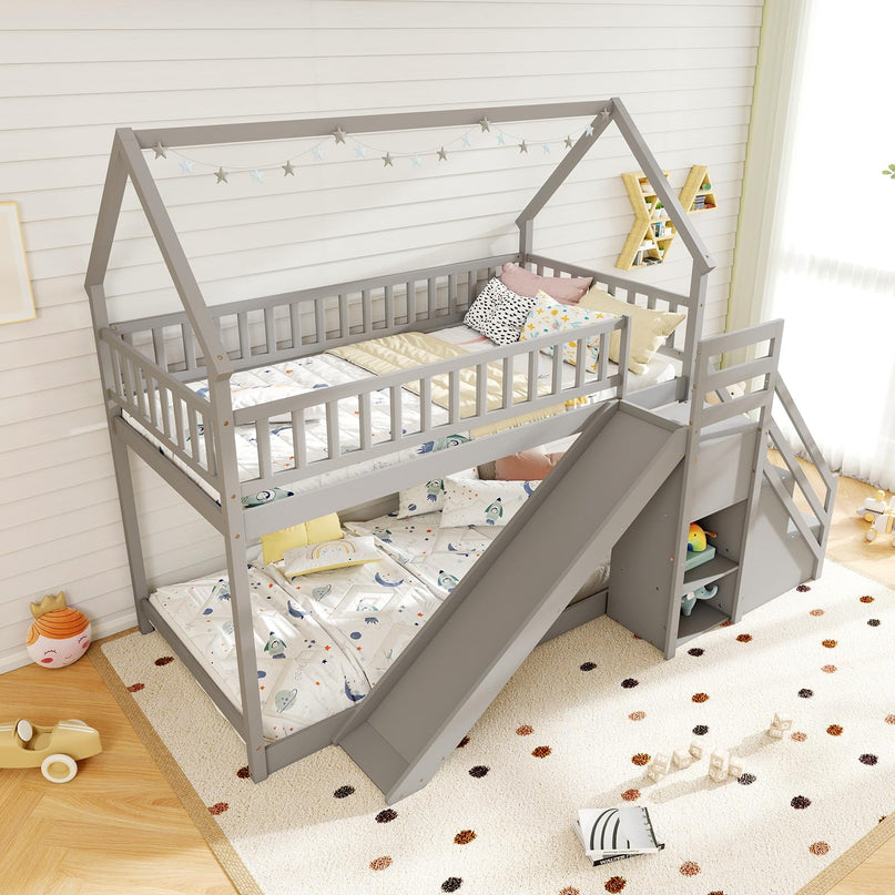 Giantex House Bunk Bed Twin Over Twin with Slide & Stairs for Kids Teens