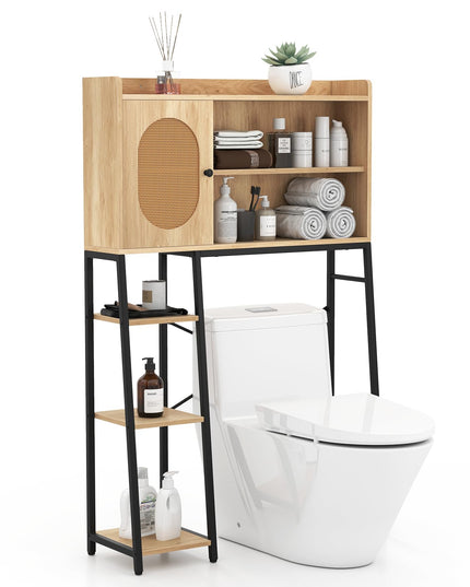 Giantex Over The Toilet Storage Cabinet, Freestanding Storage Organizer Above Toilet with PE Rattan Door and Adjustable Shelf
