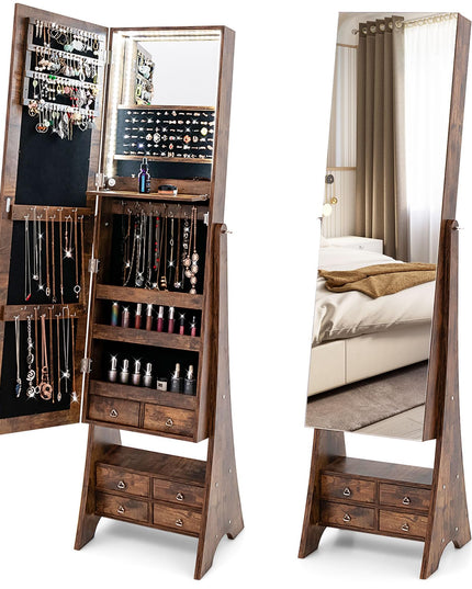 CHARMAID Jewelry Cabinet with LED Light Strip, Floor Jewelry Armoire with High Full Length Mirror