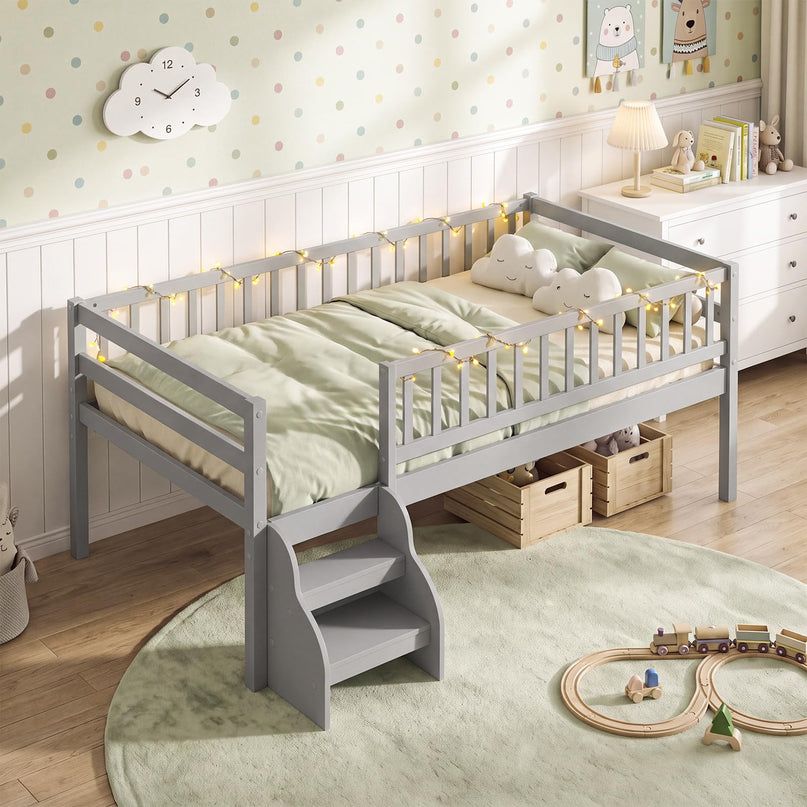 Giantex Low Profile Twin Size Platform Bed Frame with Stairs & Safety Guardrails
