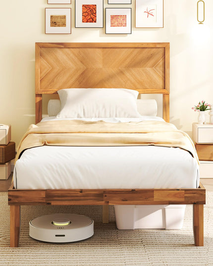 Giantex Wood Twin Bed/Full Size Bed/Queen Bed Frames with Headboard, Solid Acacia Wood Platform Bed with 12 Strong Wooden Slat Support