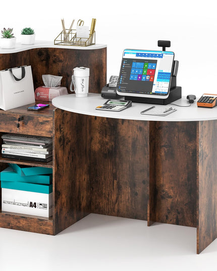 Giantex Reception Desk, Front Counter Desk with Lockable Drawer, Oval Tabletop & Adjustable Shelf