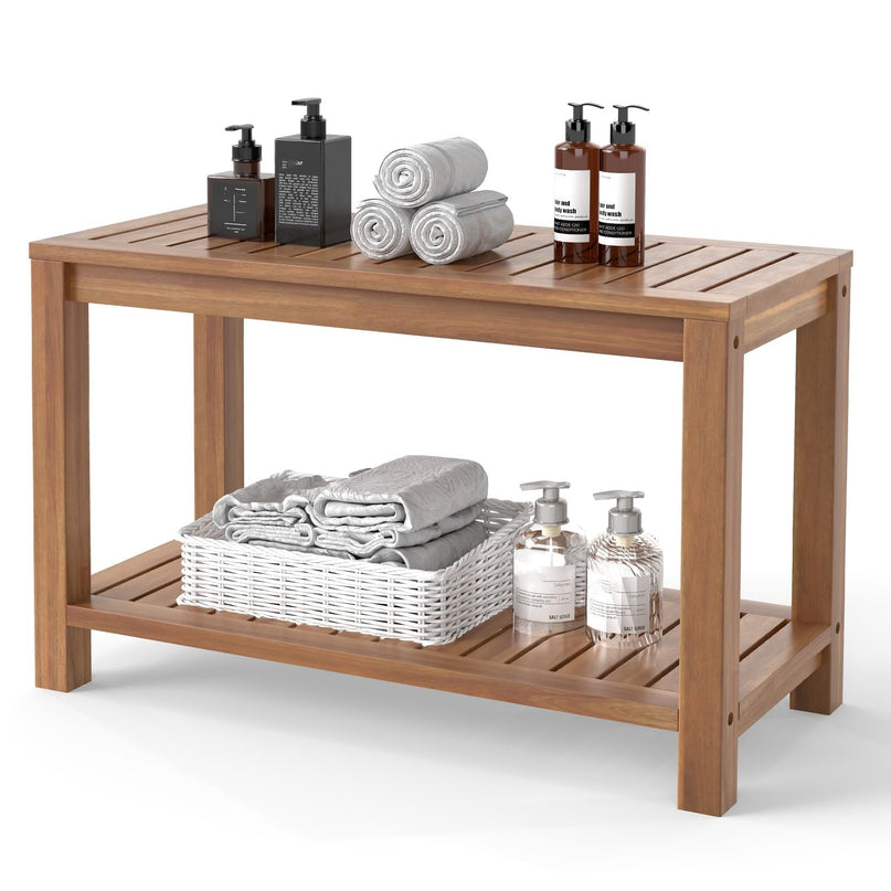 Giantex 30 Inch Teak Shower Bench with Shelf
