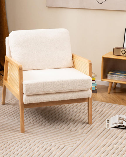 Giantex Mid Century Modern Accent Chair, Boho Boucle Living Room Arm Chair w/Rattan Arms