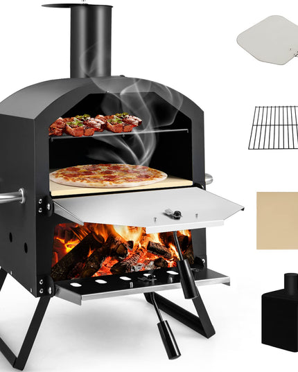Giantex Outdoor Pizza Oven Wood Fired, 2-Layer Pizza Maker with Pizza Stone, Pizza Peel (Black)