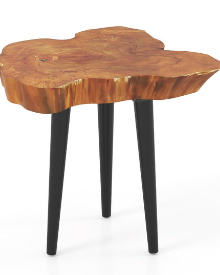 Giantex Teak Wood Outdoor Side Table - 18” End Table with Solid Live Edge, Irregular Tabletop, Mahogany Tapered Legs