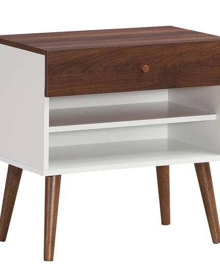 Nightstand with Drawer and Storage Shelves & Rubber Wood Legs, Brown&White