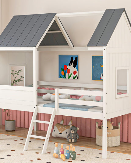 Giantex Twin House Bed Frame, Kids Low Loft Bed Frame with Roof