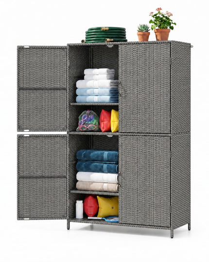 GIANTEX 4-Door PE Rattan Outdoor Storage Cabinet w/ Adjustable Shelves & Anti-Toppling Device