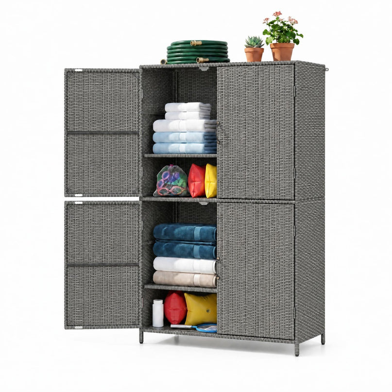 GIANTEX 4-Door PE Rattan Outdoor Storage Cabinet w/ Adjustable Shelves & Anti-Toppling Device