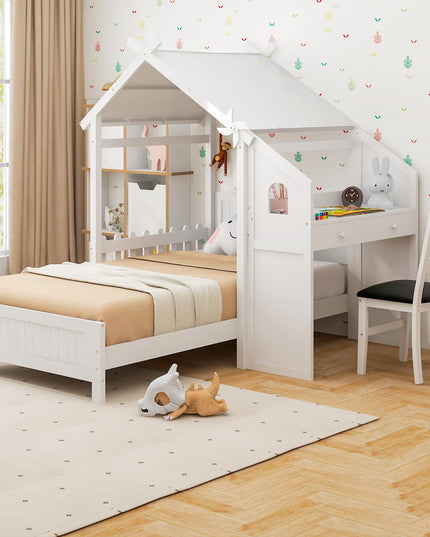 Giantex Twin House Bed with Desk & Chair, Wood Kids Playhouse Bed with 2 Drawers