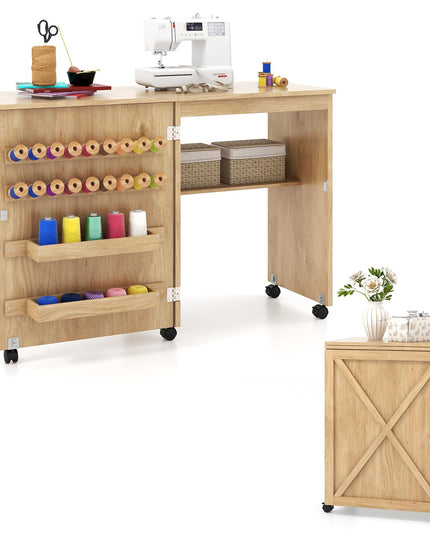 Giantex Folding Sewing Table - Farmhouse Sewing Machine Cabinet with Barn Door