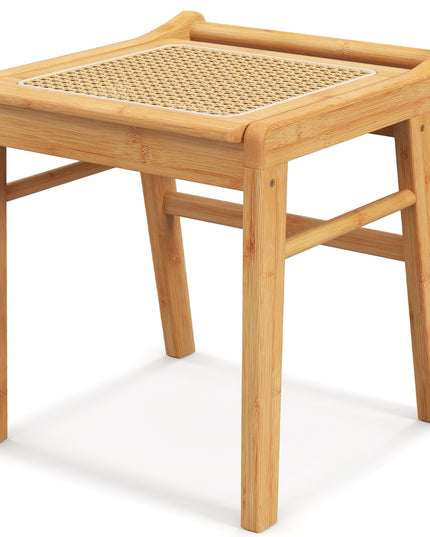 CHARMAID Vanity Stool, Bamboo Ottoman Foot Rest with Rattan Seat, Anti-Slip Foot Pads