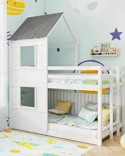Giantex House Bunk Bed Twin Over Twin, Solid Wood Floor Bunk Bed with Built in Ladder, Window & Safety Guardrail