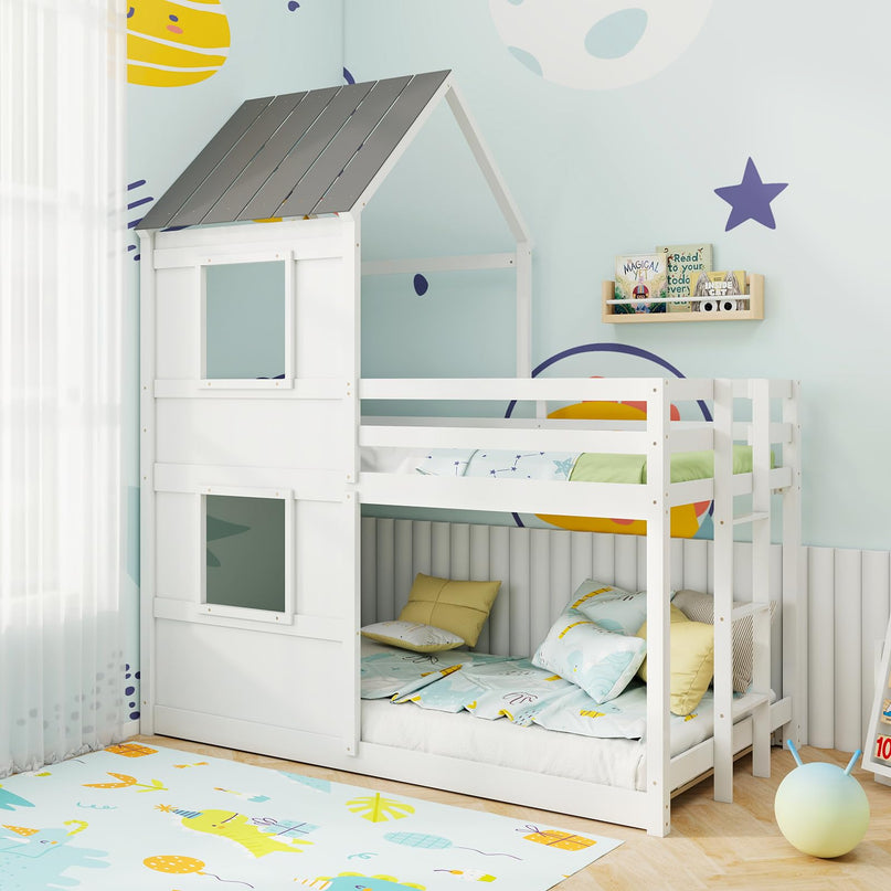 Giantex House Bunk Bed Twin Over Twin, Solid Wood Floor Bunk Bed with Built in Ladder, Window & Safety Guardrail