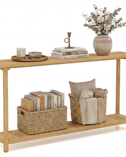 Console étroite Giantex à 2 niveaux avec cadre en teck et étagère de rangement (71" x 12" x 31")