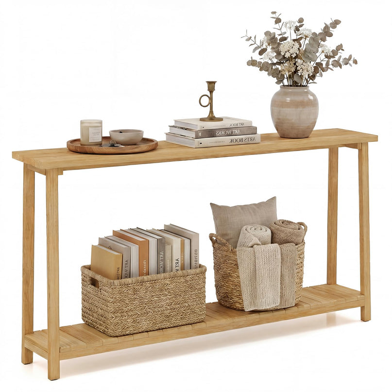 Console étroite Giantex à 2 niveaux avec cadre en teck et étagère de rangement (71" x 12" x 31")