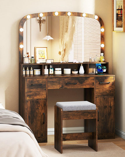 Large Vanity Desk with Arched Mirror and Lights for Bedroom