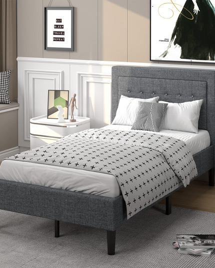 Modern Platform Bed w/Button Tufted Headboard | Upholstered Bed Frame