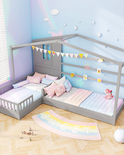 Giantex Double Twin Beds for Kids, House L-Shaped Platform Beds with Window & Fences