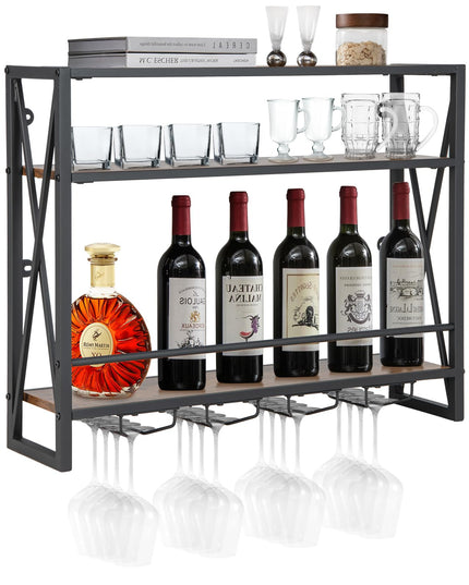 Giantex Industrial Wall-Mounted Wine Rack, 3 Tiers Metal Hanging Wine Shelf with Glass Holder