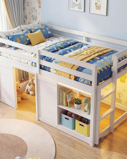 Giantex Loft Bed Twin Size with LED Lights with Under-Bed Play Space & Storage Bookcase