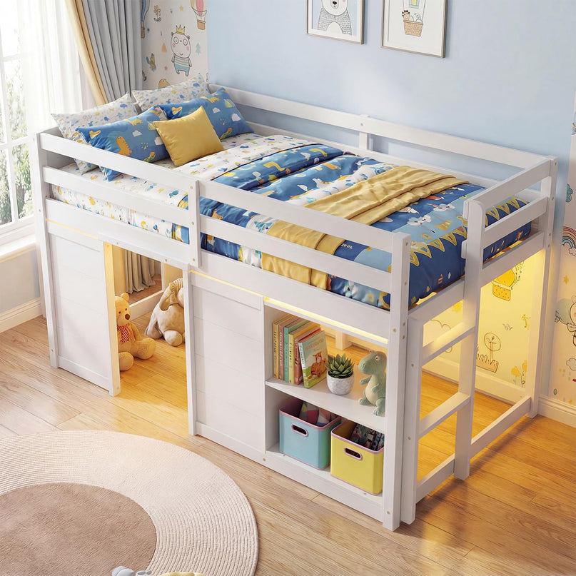 Giantex Loft Bed Twin Size with LED Lights with Under-Bed Play Space & Storage Bookcase
