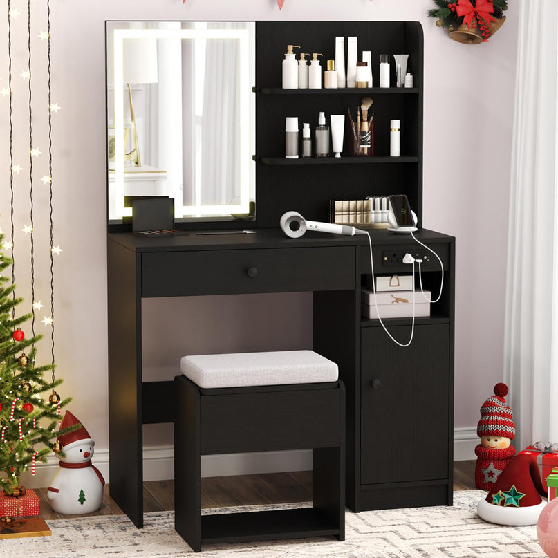 CHARMAID Vanity Desk with Charging Station and Storage Stool for Bedroom
