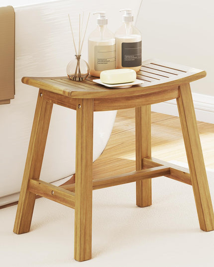 Giantex Teak Wood Shower Bench - Waterproof Shower Stool with Curved Seat for Inside Shower, 19.5" x 9.5" x 18"
