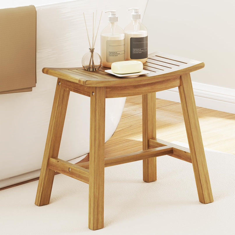 Giantex Teak Wood Shower Bench - Waterproof Shower Stool with Curved Seat for Inside Shower, 19.5" x 9.5" x 18"