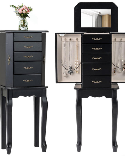 CHARMAID Standing Jewelry Organizer Cabinet with 4 Drawers, Top Storage Tray with Ring Slots, 2 Side Doors
