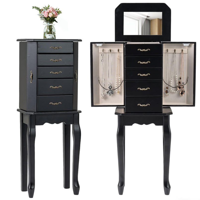 CHARMAID Standing Jewelry Organizer Cabinet with 4 Drawers, Top Storage Tray with Ring Slots, 2 Side Doors