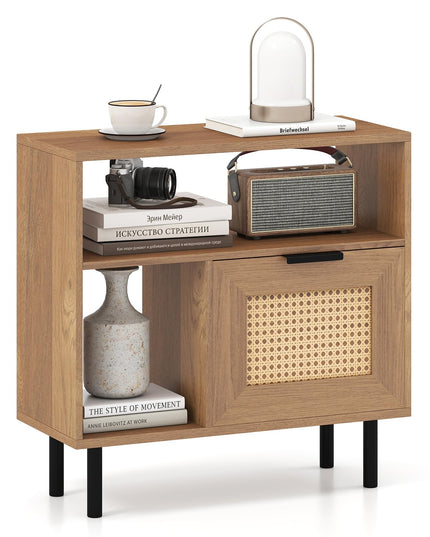 Giantex Rattan End Table with Cabinet Boho Nightstand
