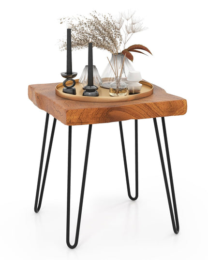 Giantex Teak Wood End Table, Solid Live Edge Outdoor Side Table w/Natural Grain & Heavy-Duty Metal Legs