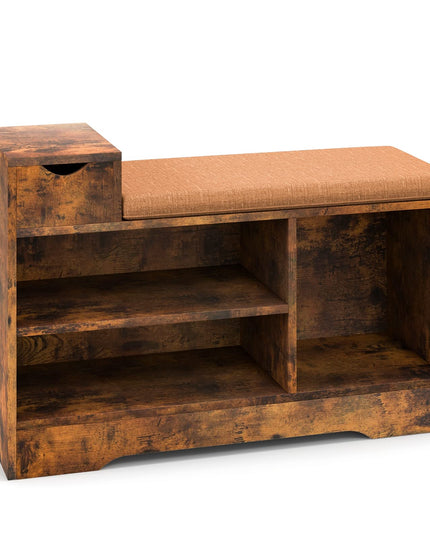Giantex Industrial Shoe Storage Bench - Entryway Shoe Bench with Removable Cushion, Storage Drawer, Rustic Brow