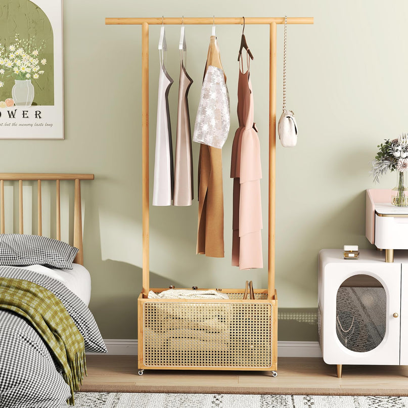Giantex Bamboo Rolling Garment Rack with Rattan Storage Basket for Hallway Living Room Bedroom