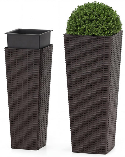 Giantex Rattan Tall Planter Set of 2 Outdoor Large Tapered Planters with Removable Inner Trays
