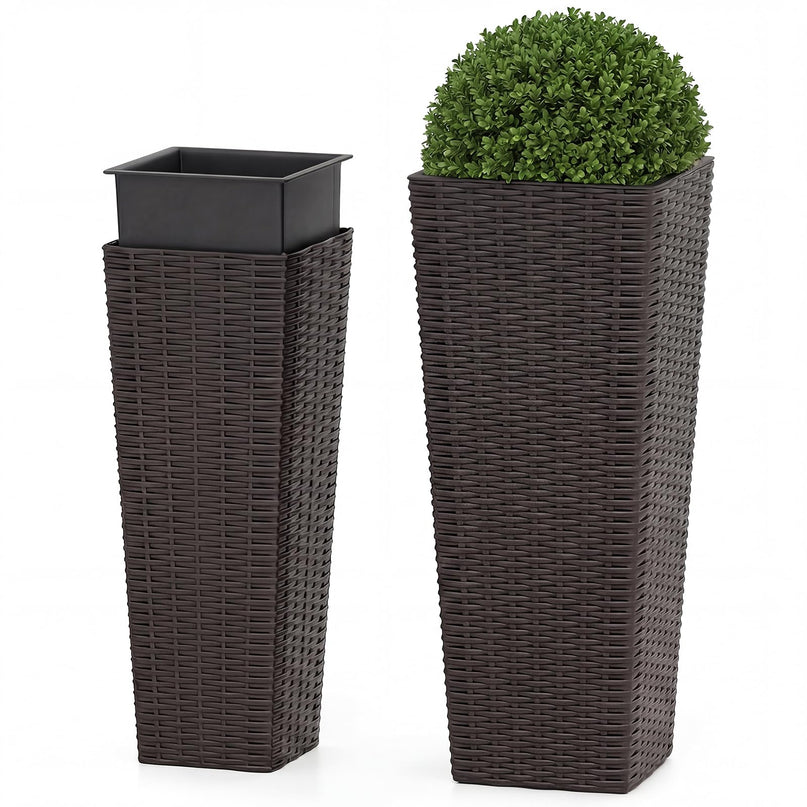 Giantex Rattan Tall Planter Set of 2 Outdoor Large Tapered Planters with Removable Inner Trays