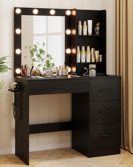 CHARMAID Vanity Desk with Mirror and Lights, Black Makeup Vanity Desk with 4 Large Drawers