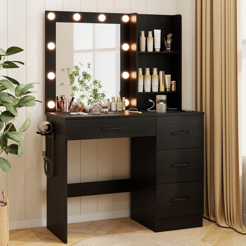 CHARMAID Vanity Desk with Mirror and Lights, Black Makeup Vanity Desk with 4 Large Drawers