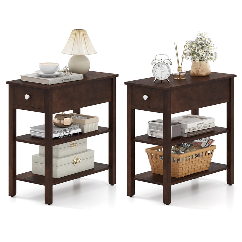 Ginatex Narrow Side Table Set of 2, Small End Tables with Drawer & Open Storage Shelves