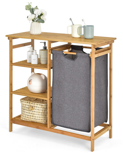 Freestanding Laundry Organizer w/ Removable Sliding Bag & 3-Tier Open Shelves