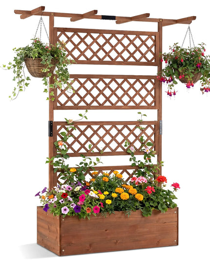 Giantex Raised Garden Bed with Trellis 1/2 Pack 72'' Wooden Planter Box(60"Lx22”Wx 72"H)