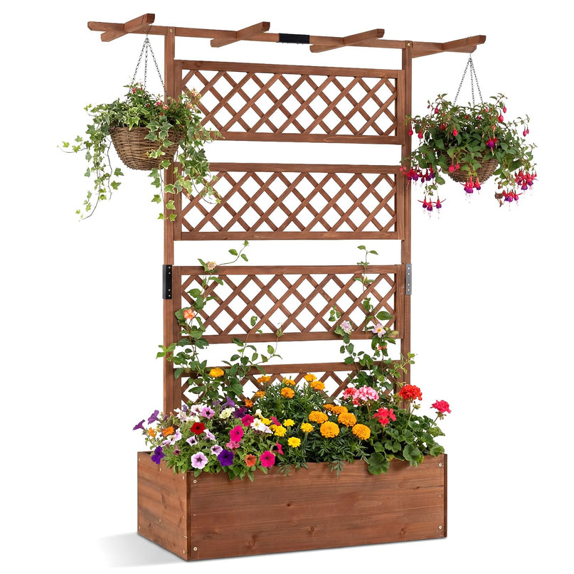Giantex Raised Garden Bed with Trellis 1/2 Pack 72'' Wooden Planter Box(60"Lx22”Wx 72"H)