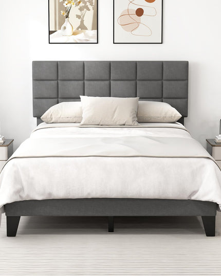 Giantex Full Size Platform Bed, Linen Fabric Upholstered Bed Frame with Adjustable Headboard & Wooden Slat Support