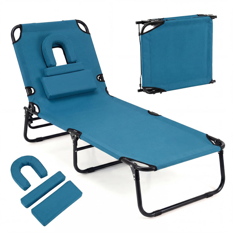 Giantex Folding Beach Tanning Chair - Adjustable Patio Lounge Chair w/Face Hole