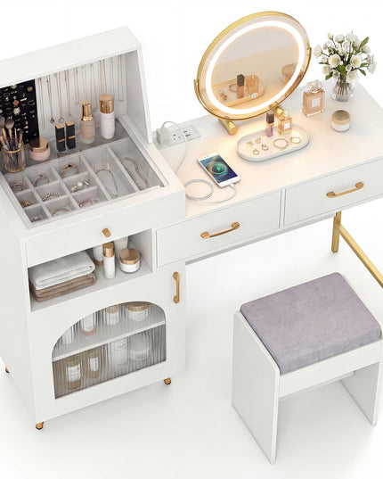 CHARMAID Vanity Desk with Charging Station Jewelry Organizer