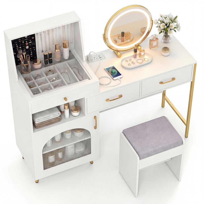CHARMAID Vanity Desk with Charging Station Jewelry Organizer