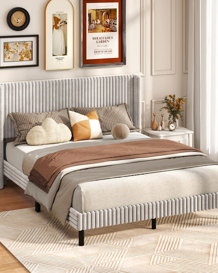 Giantex Queen Velvet Bed Frame with Vertical Tufted Wingback Headboard
