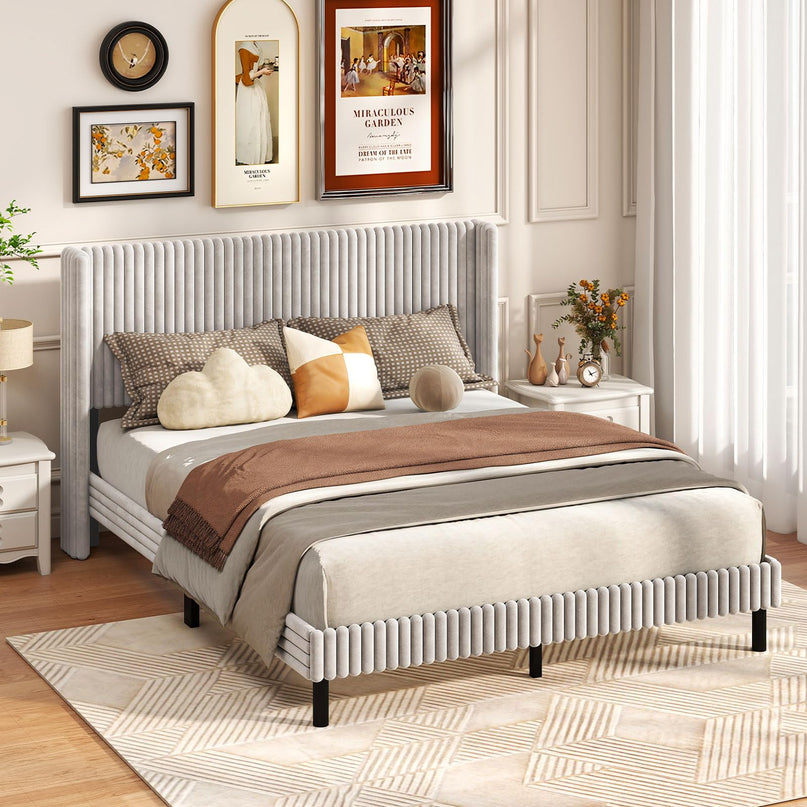 Giantex Queen Velvet Bed Frame with Vertical Tufted Wingback Headboard